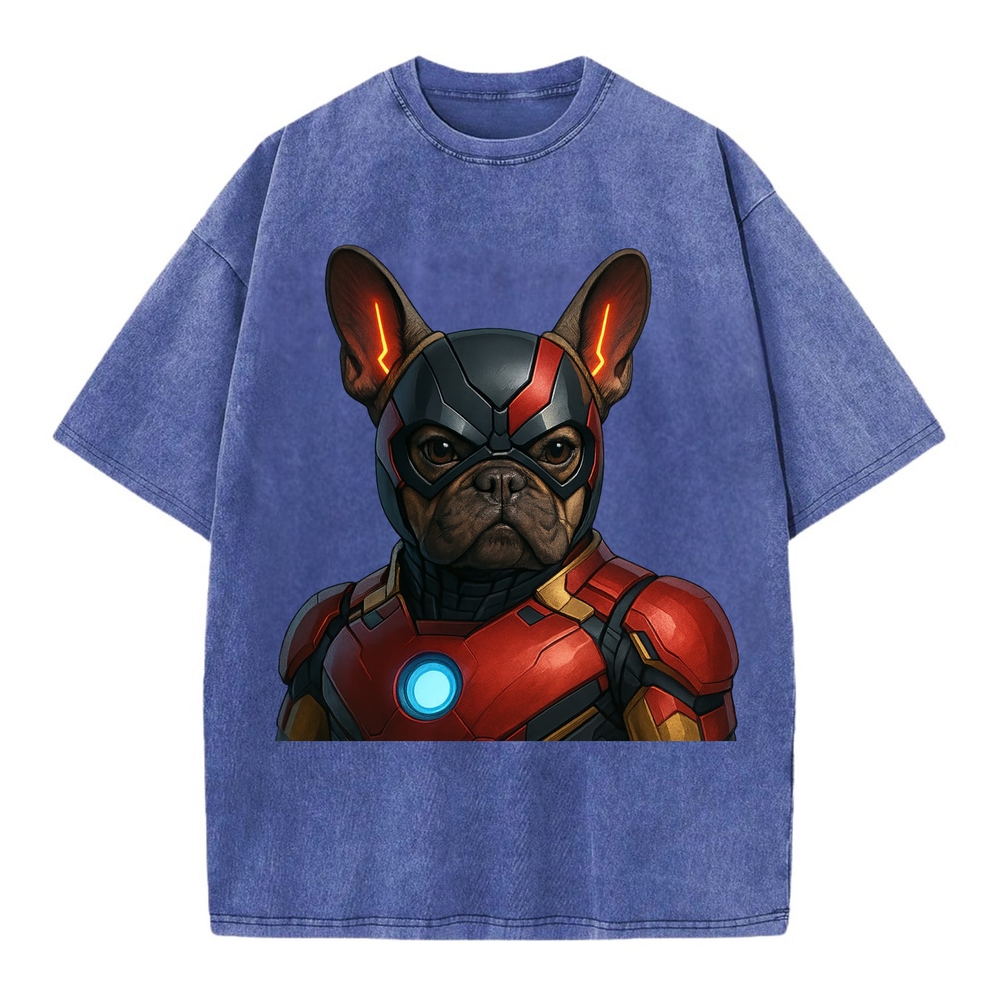 French Bulldog Iron Man  - Vintage T-shirt - Blue