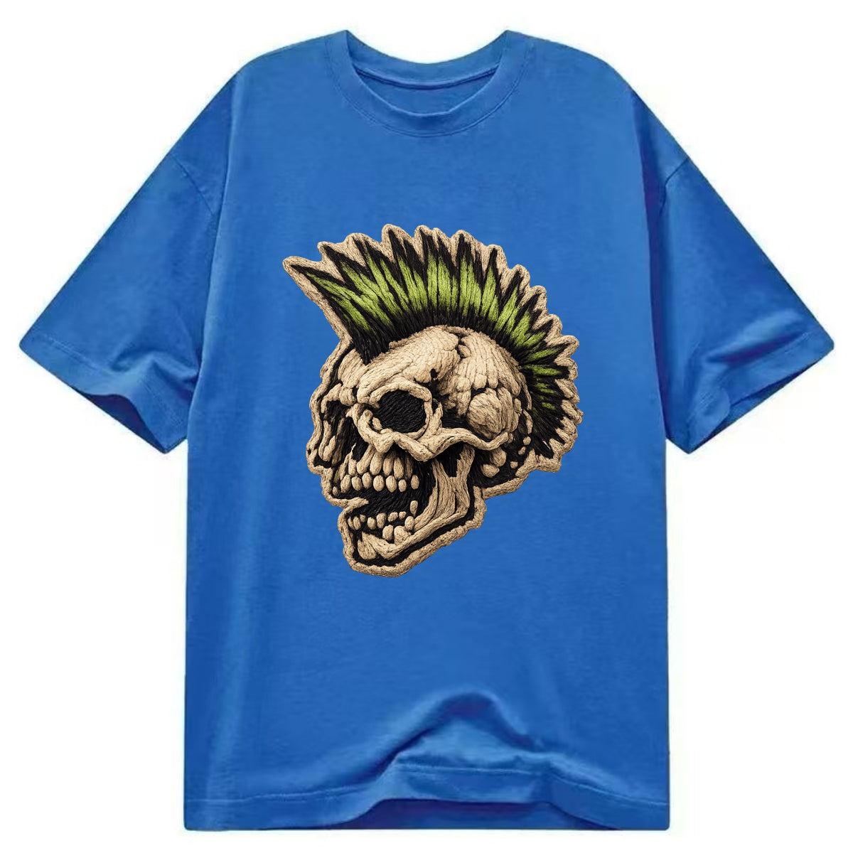 MOHAWK SKULL - punk skull with mohawk in neon green and black , punk rock - Classic T-shirt - Blue