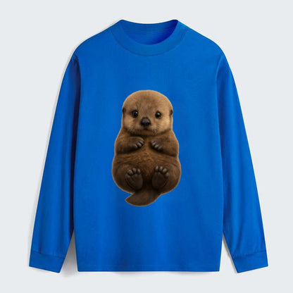 Baby Sea Otter - brown fluffy, floating on back, tiny paws, bright - Classic Long Sleeve Shirt - Blue