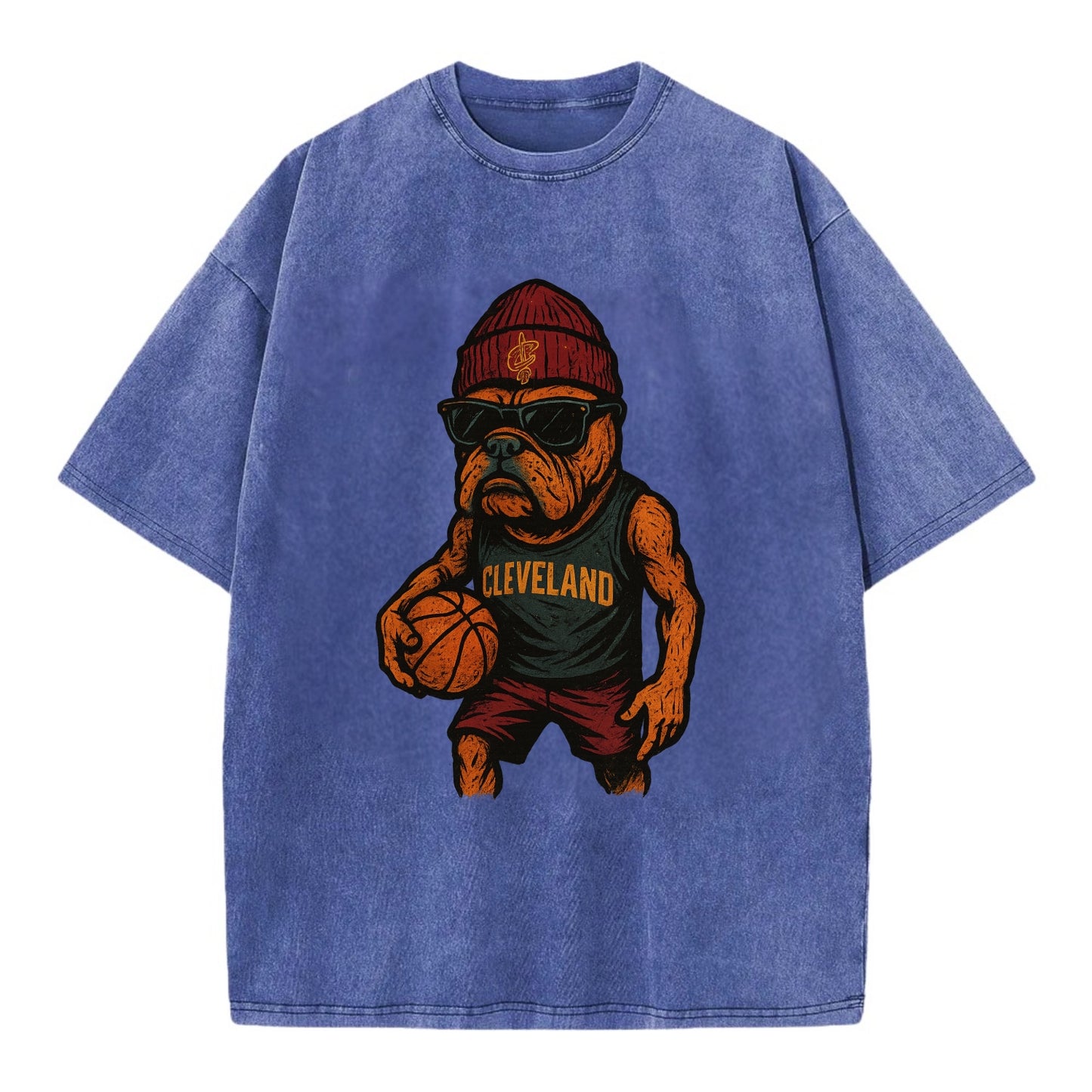 Cleveland Bulldog wearing Cavaliers wine and gold beanie with sword patch and - Vintage T-shirt - Blue