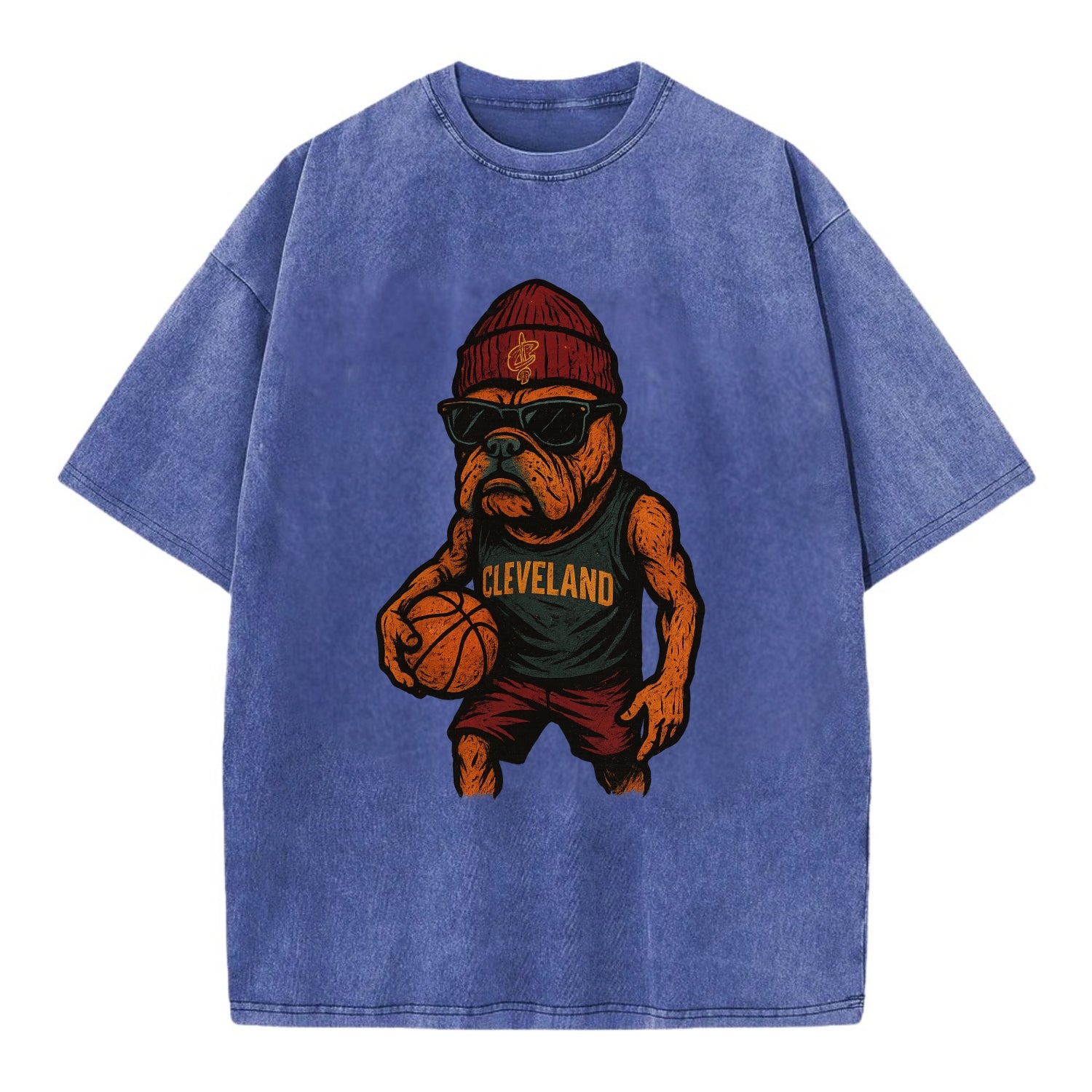 Cleveland Bulldog wearing Cavaliers wine and gold beanie with sword patch and - Vintage T-shirt - Blue