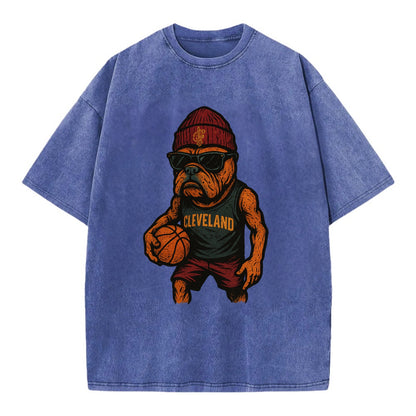 Cleveland Bulldog wearing Cavaliers wine and gold beanie with sword patch and - Vintage T-shirt - Blue