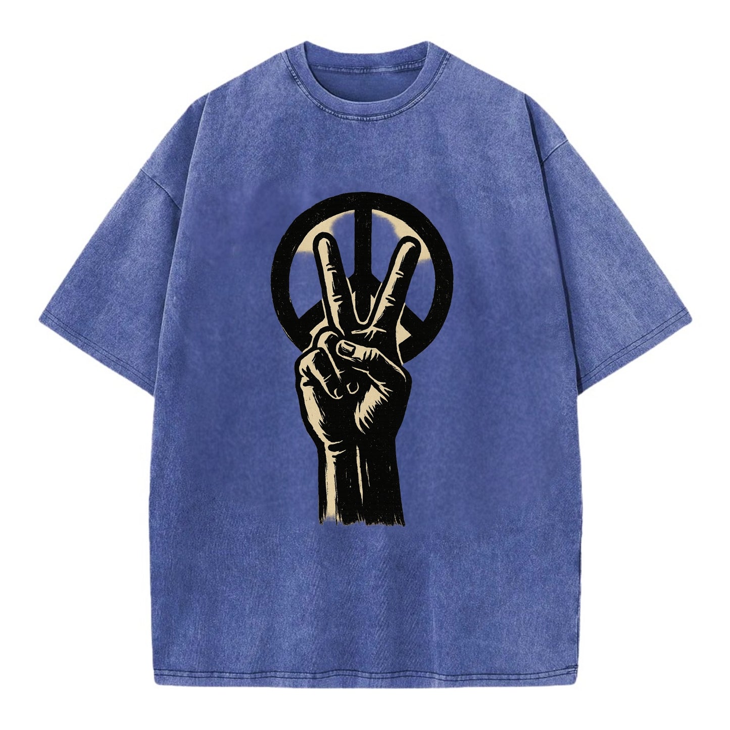 Peace sign hand gesture - anti-war movement ink brushstrokes - Vintage T-shirt - Blue