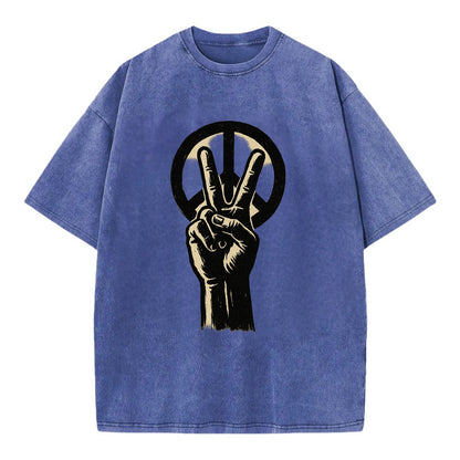 Peace sign hand gesture - anti-war movement ink brushstrokes - Vintage T-shirt - Blue