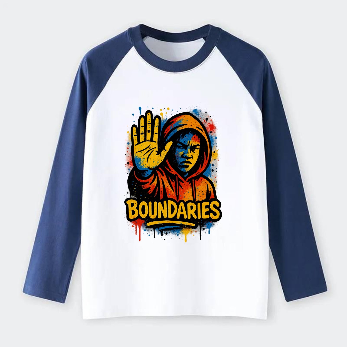 Person holding up hand in "stop" gesture - setting boundaries concept, - Raglan Long Sleeve T-Shirt - Blue