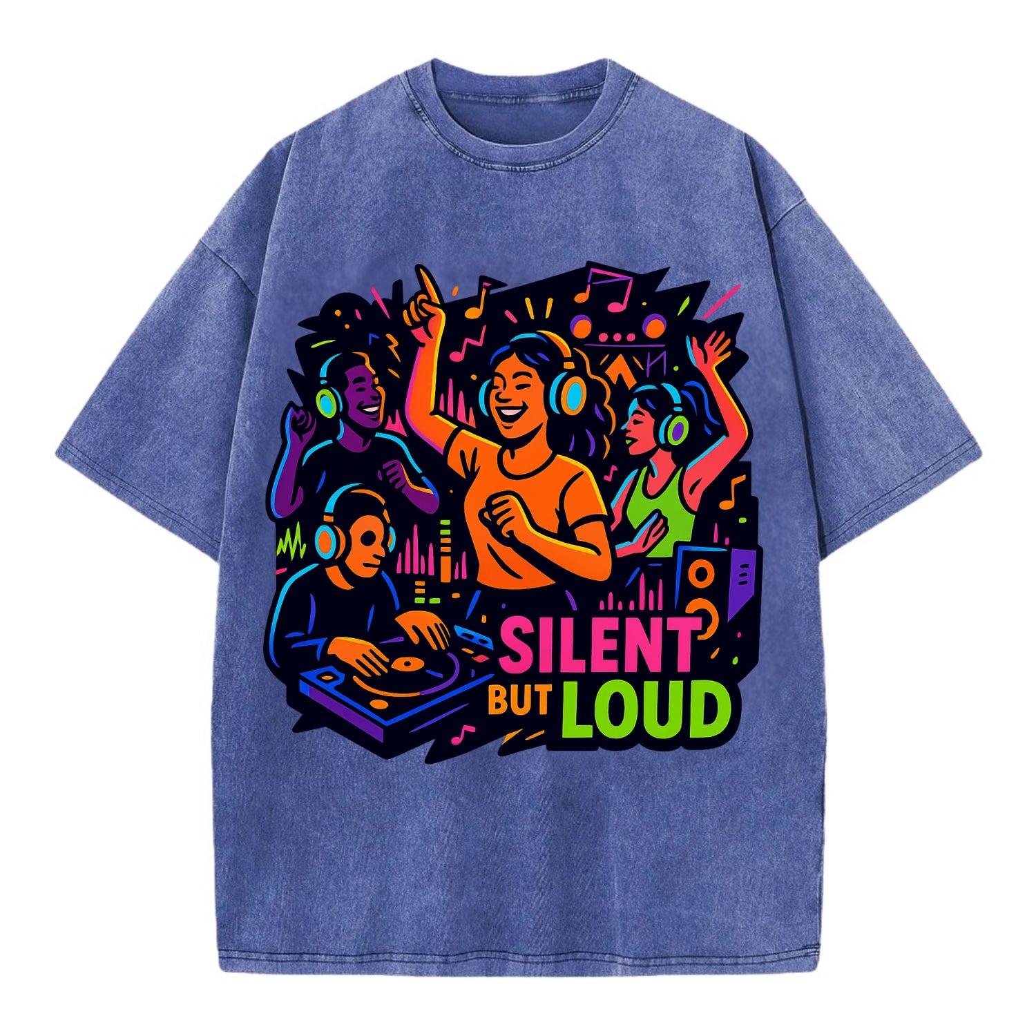 Silent disco dancers with glowing headphones - "Silent But Loud" - unique concert - Vintage T-shirt - Blue