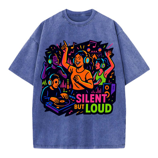 Silent disco dancers with glowing headphones - "Silent But Loud" - unique concert - Vintage T-shirt - Blue