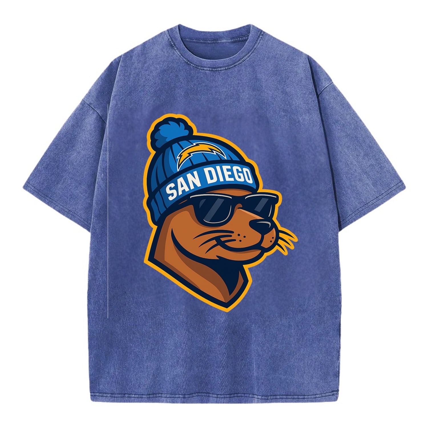 San Diego Sea Lion wearing Chargers beanie with bolt patch and wayfarer sunglasses - Vintage T-shirt - Blue