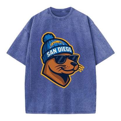 San Diego Sea Lion wearing Chargers beanie with bolt patch and wayfarer sunglasses - Vintage T-shirt - Blue