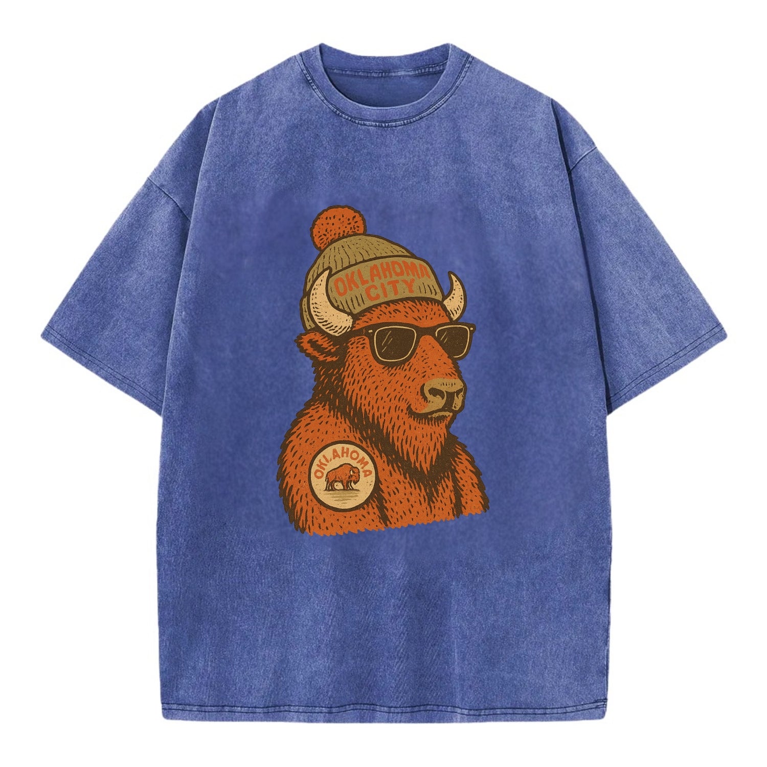Oklahoma Buffalo wearing Oklahoma City beanie with pom pom and wayfarer sunglasses - Vintage T-shirt - Blue