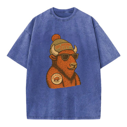 Oklahoma Buffalo wearing Oklahoma City beanie with pom pom and wayfarer sunglasses - Vintage T-shirt - Blue
