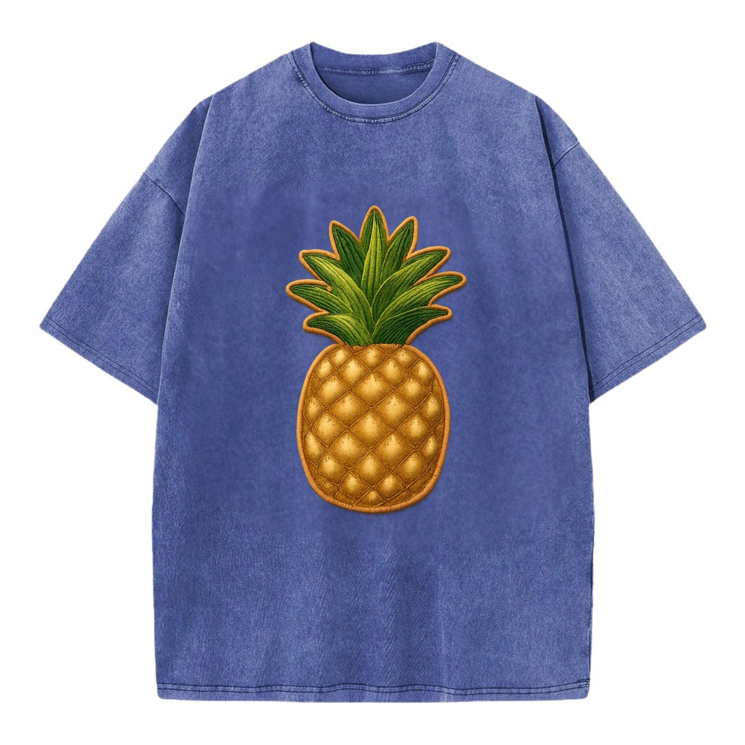 PINEAPPLE CROWN - tropical fruit in yellow and green , hospitality - Vintage T-shirt - Blue