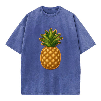 PINEAPPLE CROWN - tropical fruit in yellow and green , hospitality - Vintage T-shirt - Blue