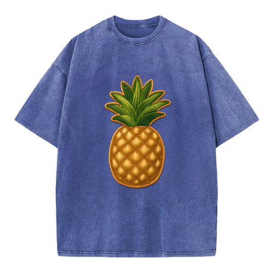 PINEAPPLE CROWN - tropical fruit in yellow and green , hospitality - Vintage T-shirt - Blue