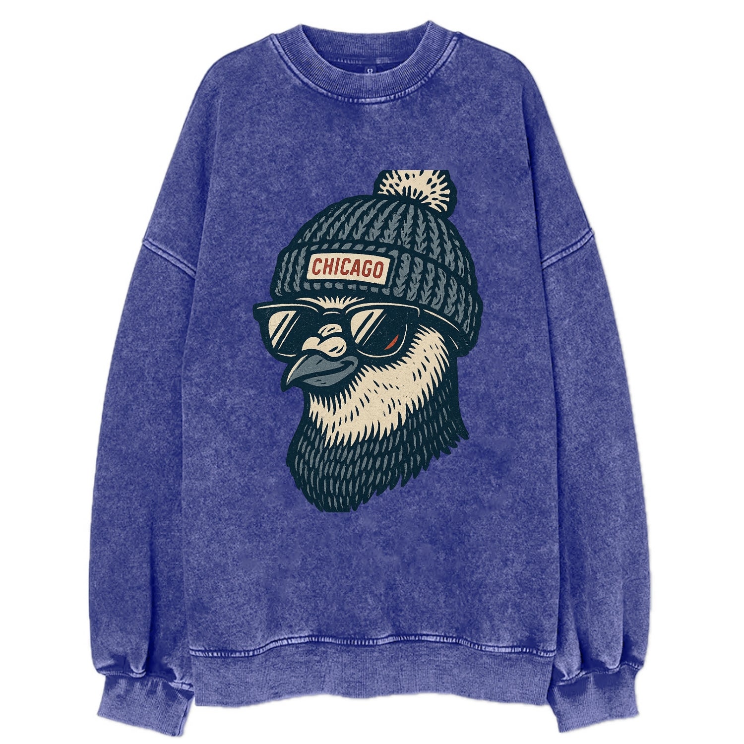 Chicago Pigeon wearing Chicago beanie with pom pom and wayfarer sunglasses - Vintage Sweatshirt - Blue