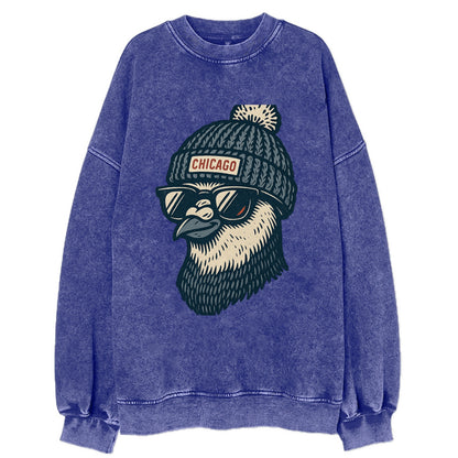 Chicago Pigeon wearing Chicago beanie with pom pom and wayfarer sunglasses - Vintage Sweatshirt - Blue