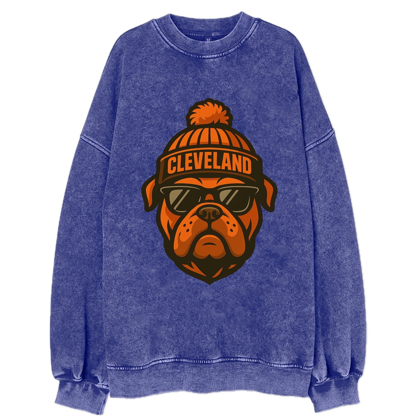 Cleveland Bulldog wearing Browns orange and brown beanie with pom pom and - Vintage Sweatshirt - Blue