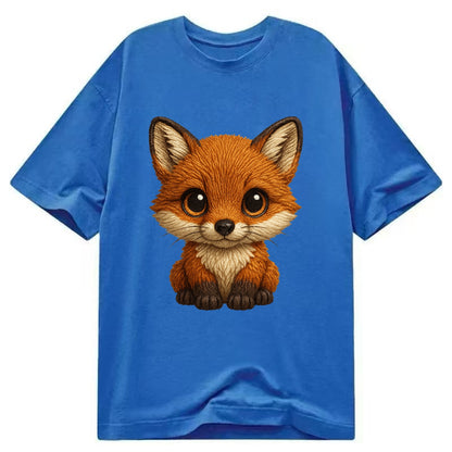 Baby Red Fox - russet fur, white chest, big amber eyes, perky ears, front-facing, - Classic T-shirt - Blue