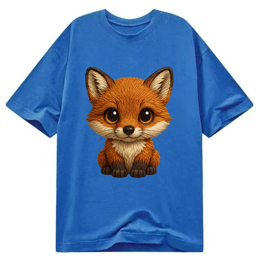 Baby Red Fox - russet fur, white chest, big amber eyes, perky ears, front-facing, - Classic T-shirt - Blue