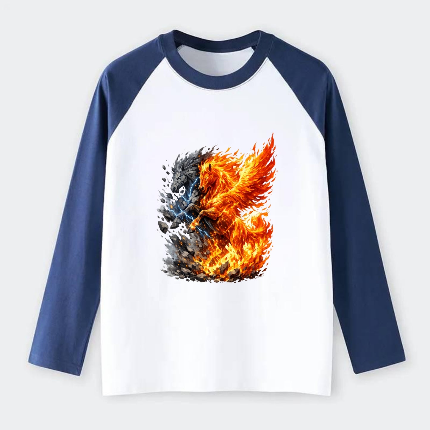 THUNDER FIRE | Horse combining lightning and flame | Electric fire | - Raglan Long Sleeve T-Shirt - Blue