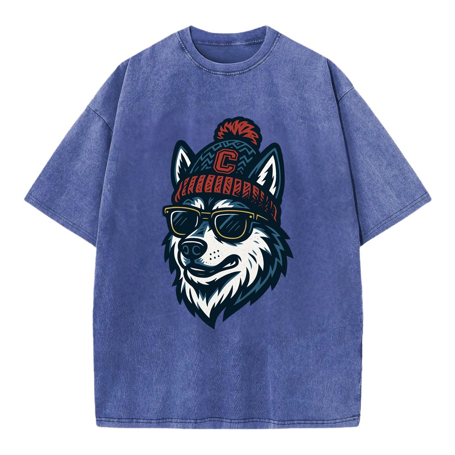 Storrs Husky wearing UConn beanie with C patch - Vintage T-shirt - Blue