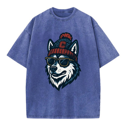 Storrs Husky wearing UConn beanie with C patch - Vintage T-shirt - Blue