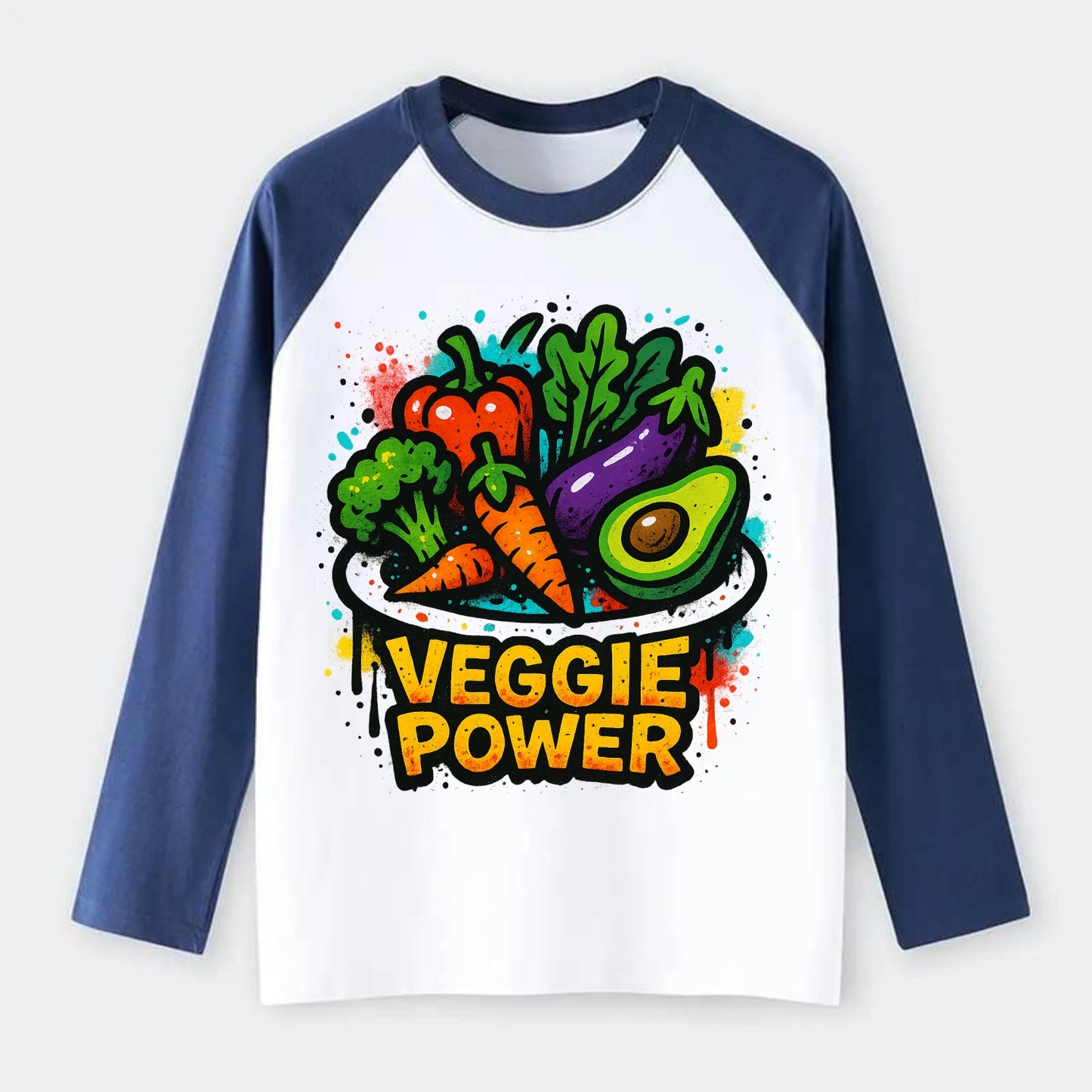 Colorful vegetables and plants on plate - plant-based lifestyle, - Raglan Long Sleeve T-Shirt - Blue