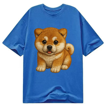 Baby Akita Puppy - fluffy bear-like, curled tail, dignified eyes, front-facing, - Classic T-shirt - Blue