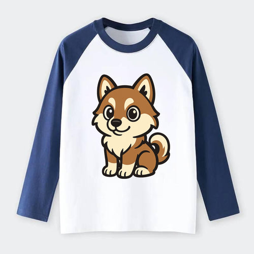 Pomsky - Pomeranian-Husky mix sitting pose - Raglan Long Sleeve T-Shirt