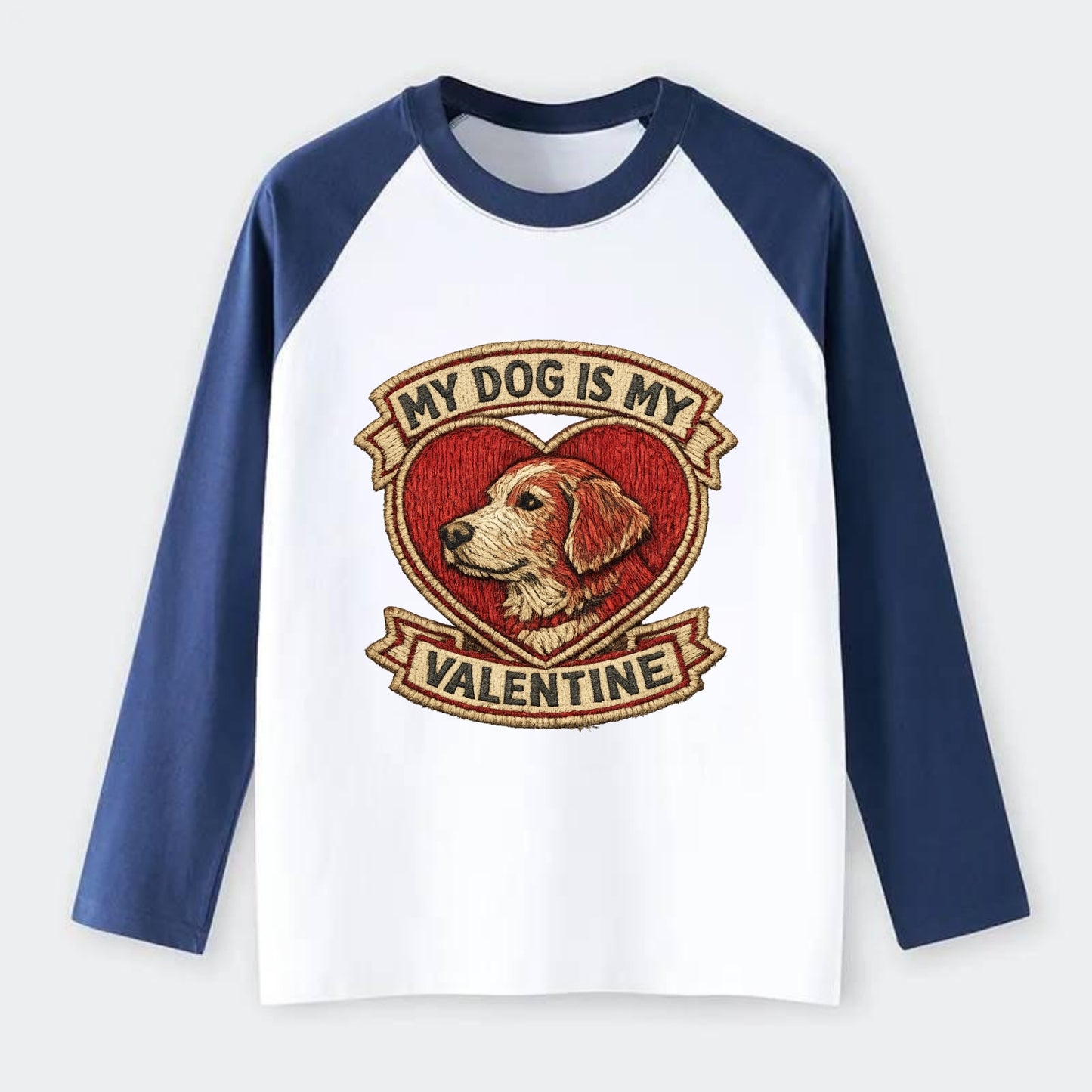 MY DOG IS MY VALENTINE - heart with dog in red , single pet owner - Raglan Long Sleeve T-Shirt - Blue