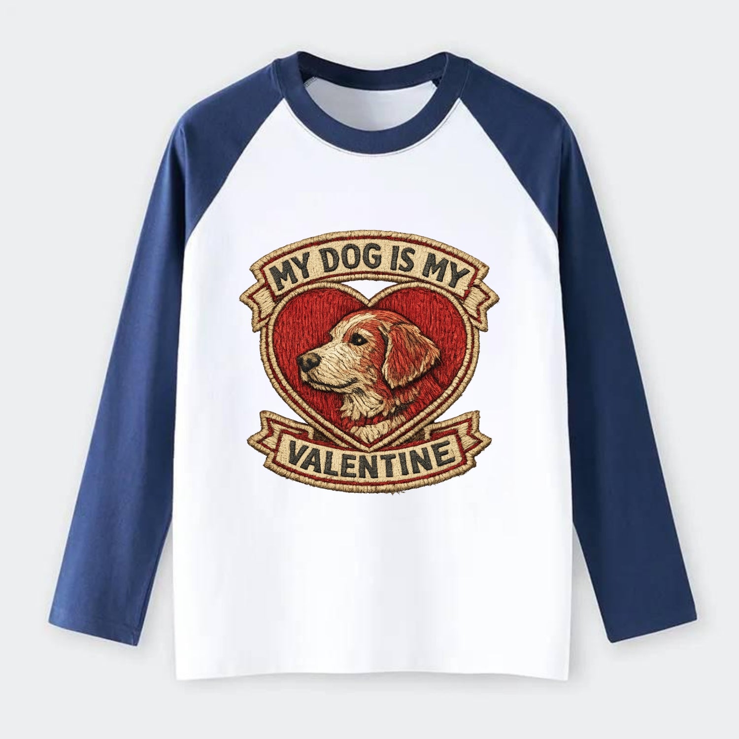 MY DOG IS MY VALENTINE - heart with dog in red , single pet owner - Raglan Long Sleeve T-Shirt - Blue