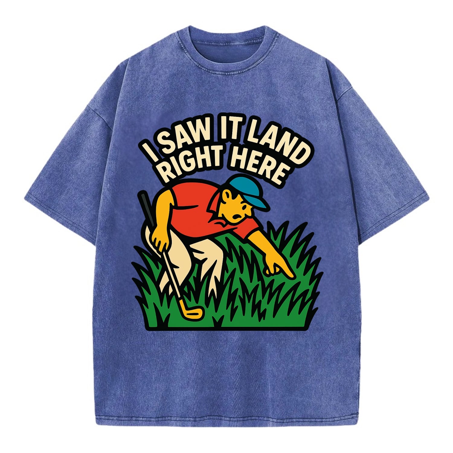Golfer searching in deep rough - "I Saw It Land Right Here" - lost ball saga - Vintage T-shirt - Blue