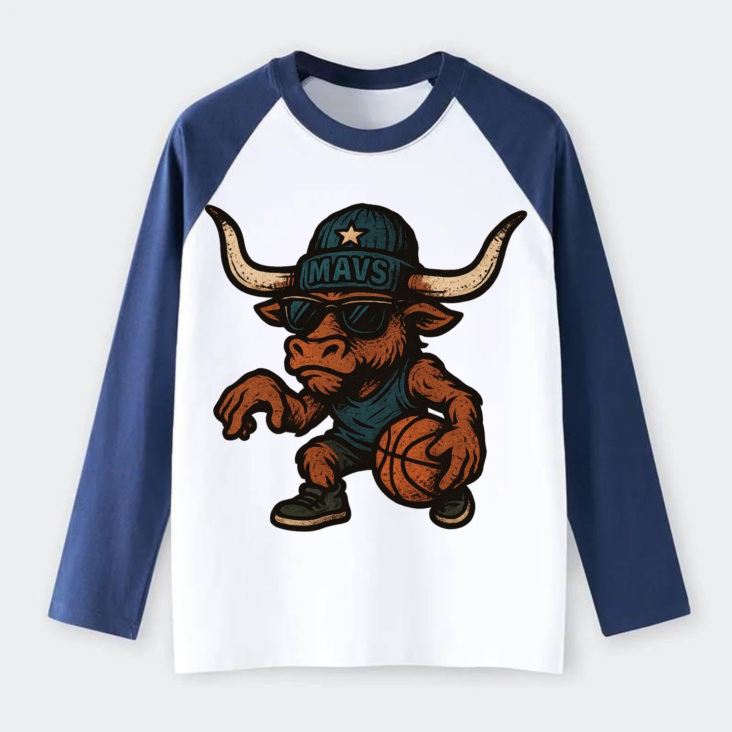 Texas Longhorn wearing Mavs beanie with lone star patch and wayfarer - Raglan Long Sleeve T-Shirt - Blue