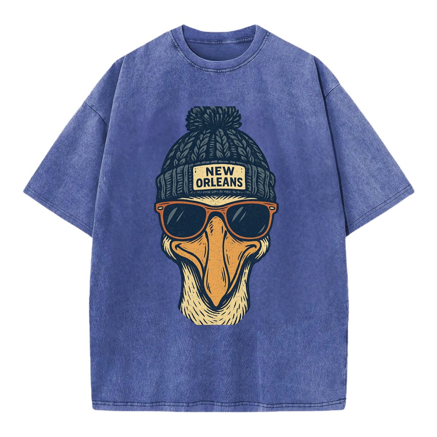 New Orleans Pelican wearing New Orleans beanie with pom pom and wayfarer - Vintage T-shirt - Blue