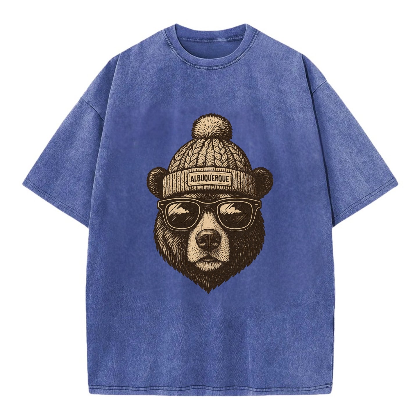New Mexico Black Bear wearing Albuquerque beanie with pom pom and wayfarer - Vintage T-shirt - Blue
