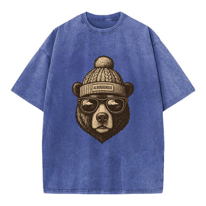New Mexico Black Bear wearing Albuquerque beanie with pom pom and wayfarer - Vintage T-shirt - Blue