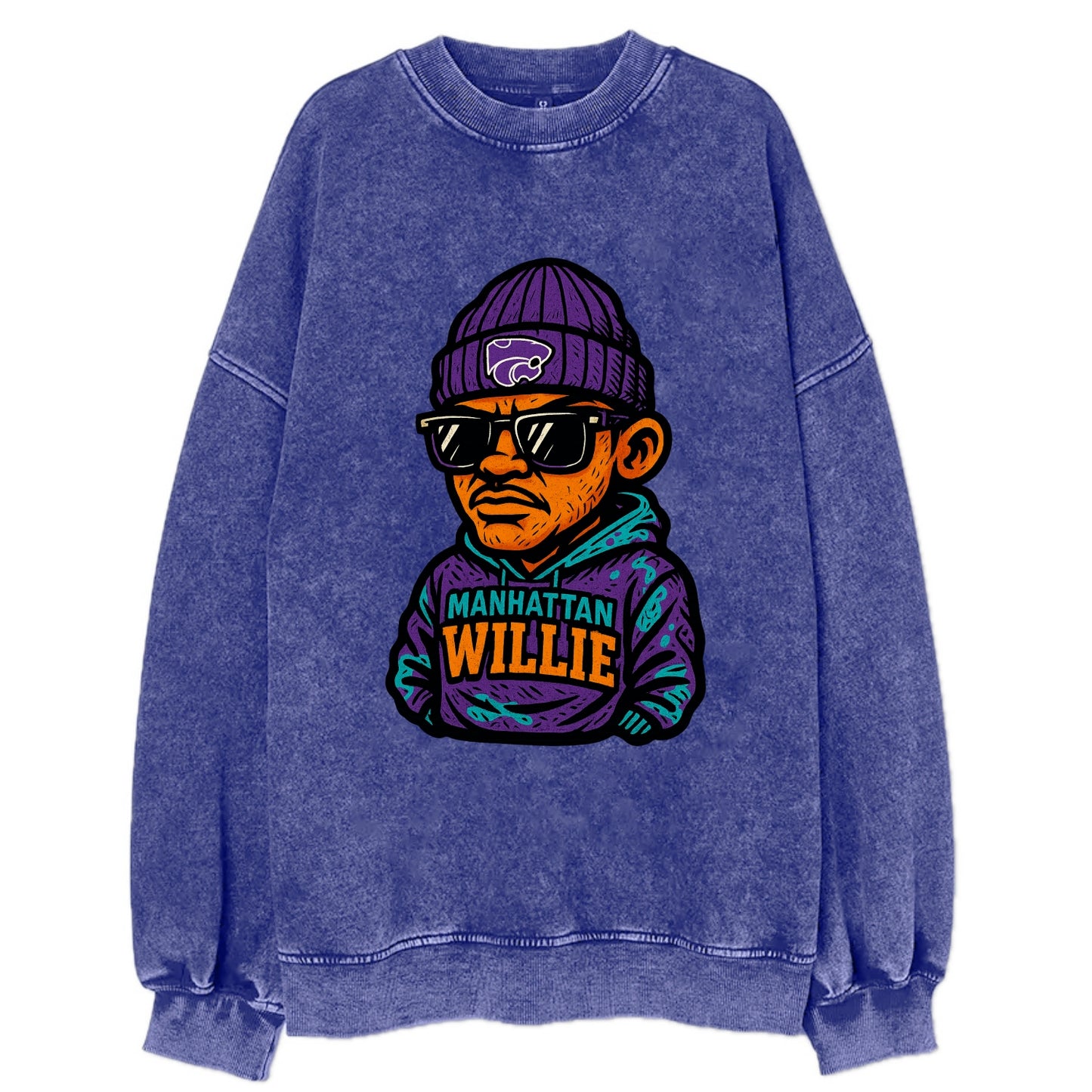 Manhattan Willie wearing Kansas State beanie with powercat patch - Vintage Sweatshirt - Blue