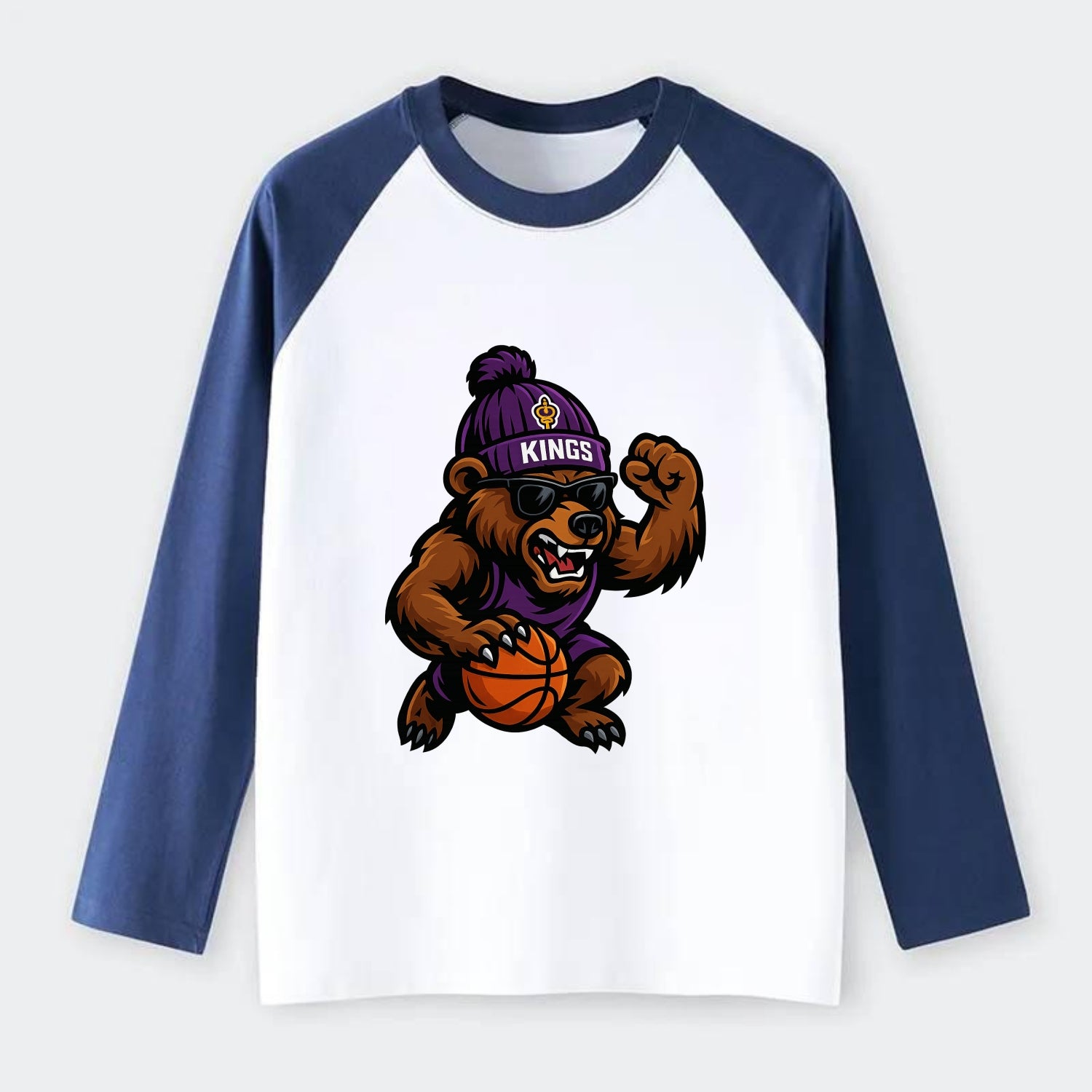 California Grizzly wearing Kings beanie with royal scepter patch and - Raglan Long Sleeve T-Shirt - Blue