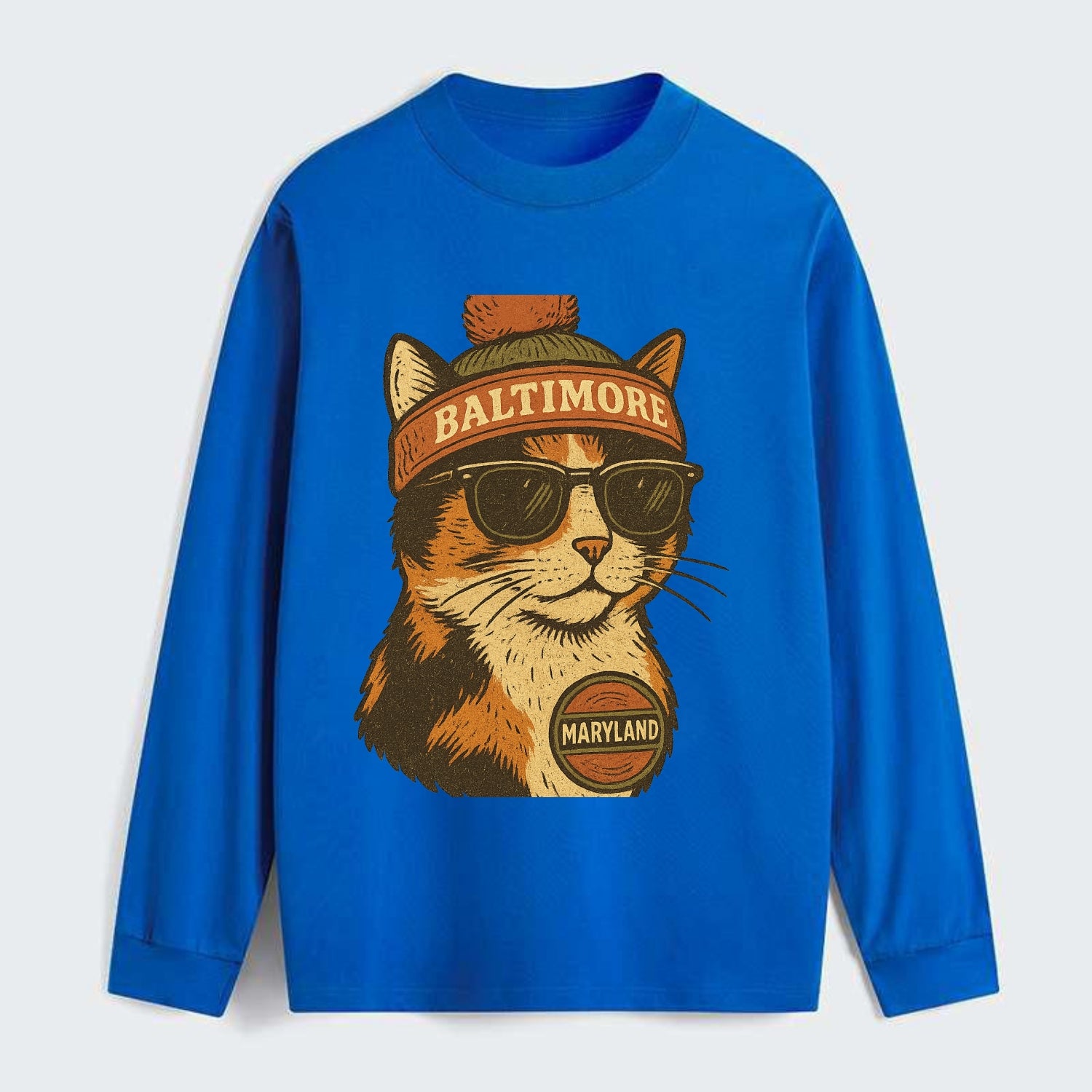 Maryland Calico Cat wearing Baltimore beanie with pom pom and wayfarer - Classic Long Sleeve Shirt - Blue