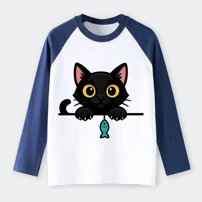 Midnight the black cat holding a tiny yarn ball between both paws - Raglan Long Sleeve T-Shirt - Blue