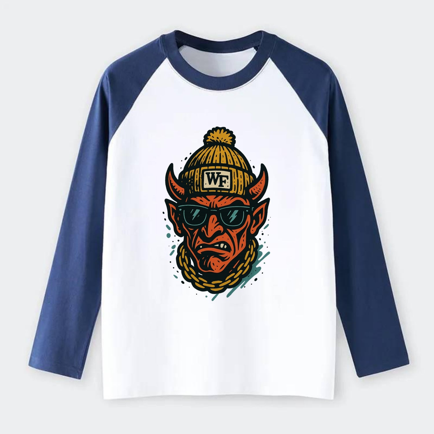 Winston-Salem Demon wearing Wake Forest beanie with WF patch - Raglan Long Sleeve T-Shirt - Blue