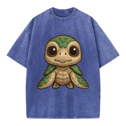 Baby Green Sea Turtle - emerald shell, large innocent brown eyes, tiny flippers, - Vintage T-shirt - Blue