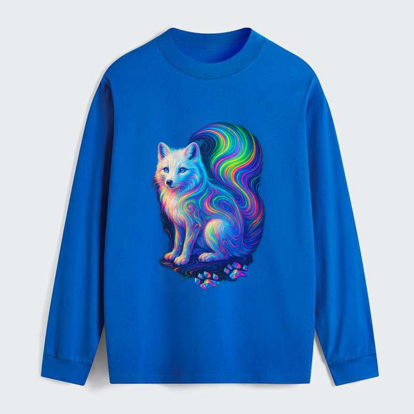 Graceful arctic fox with tail streaming aurora colors, white fur with - Classic Long Sleeve Shirt - Blue