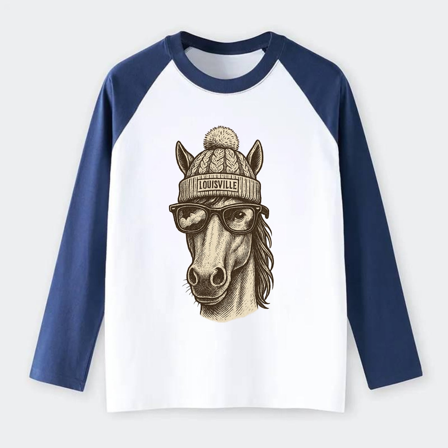 Kentucky Thoroughbred Horse wearing Louisville beanie with pom pom and - Raglan Long Sleeve T-Shirt - Blue