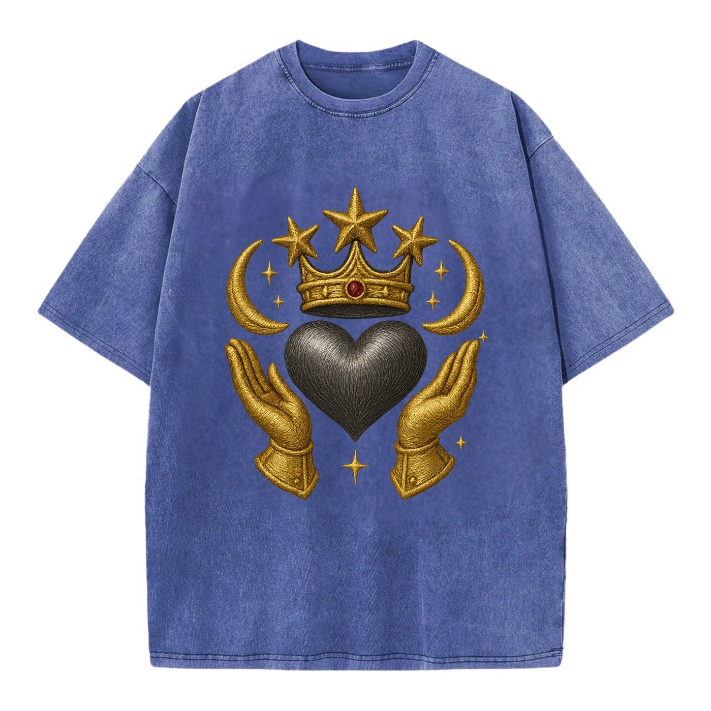 Sun goddess crown radiating golden rays over a midnight heart with henna-adorned - Vintage T-shirt - Blue