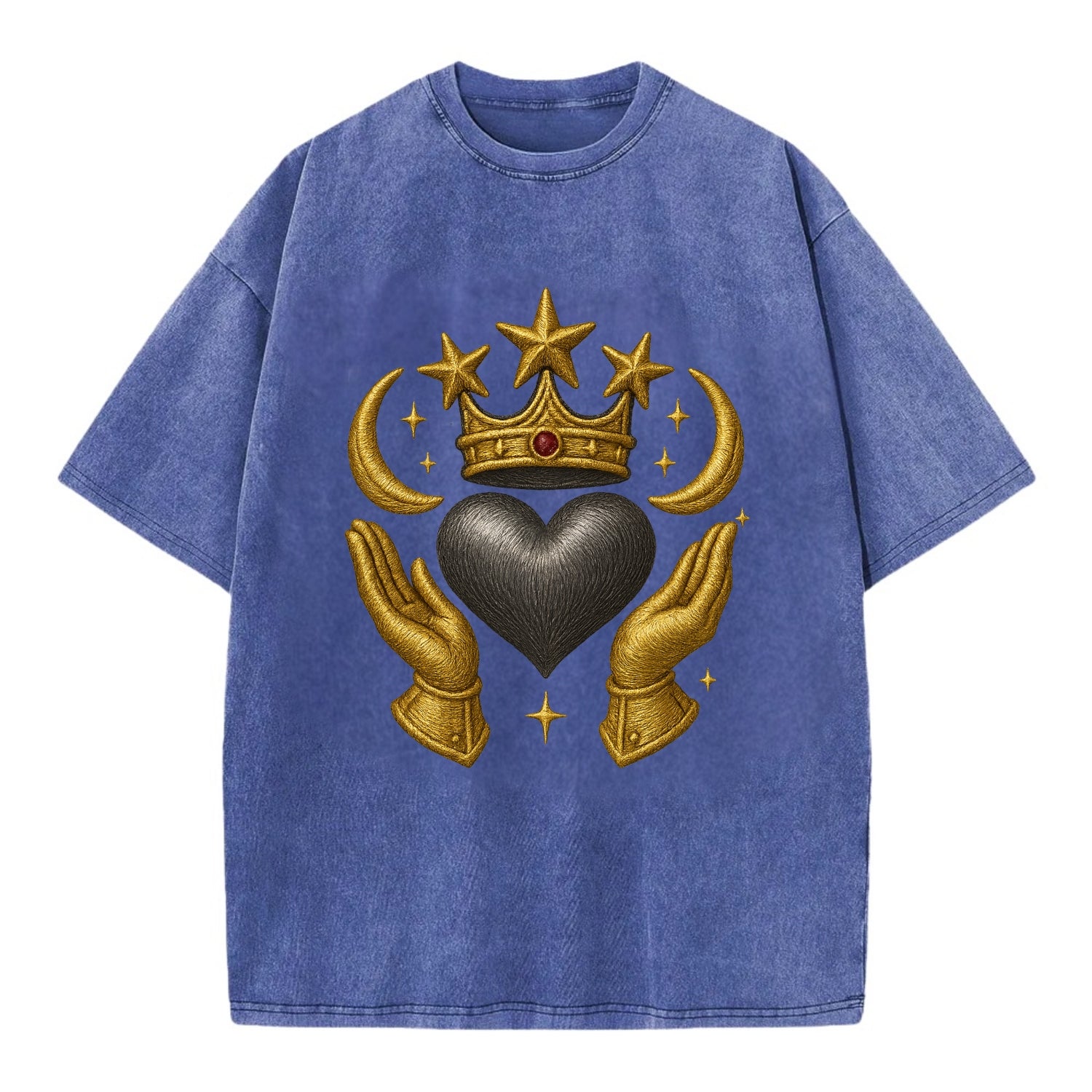Sun goddess crown radiating golden rays over a midnight heart with henna-adorned - Vintage T-shirt - Blue