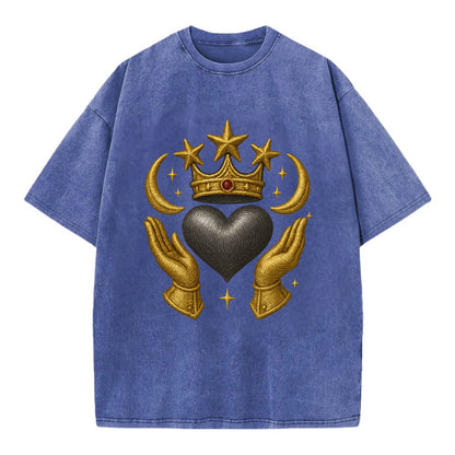 Sun goddess crown radiating golden rays over a midnight heart with henna-adorned - Vintage T-shirt - Blue