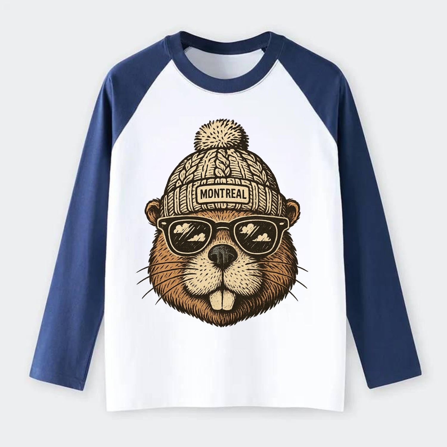 Montreal Beaver wearing Montreal beanie - Raglan Long Sleeve T-Shirt - Blue