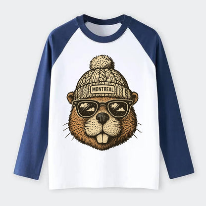 Montreal Beaver wearing Montreal beanie - Raglan Long Sleeve T-Shirt - Blue