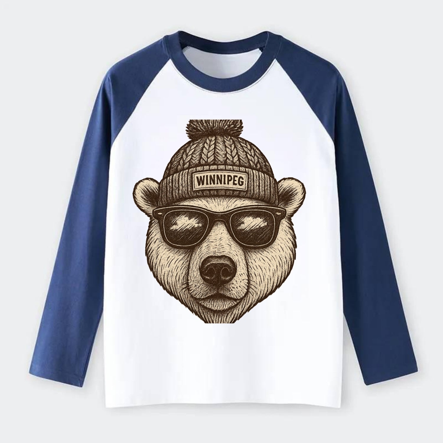 Winnipeg Polar Bear wearing Winnipeg beanie with pom pom and wayfarer - Raglan Long Sleeve T-Shirt - Blue
